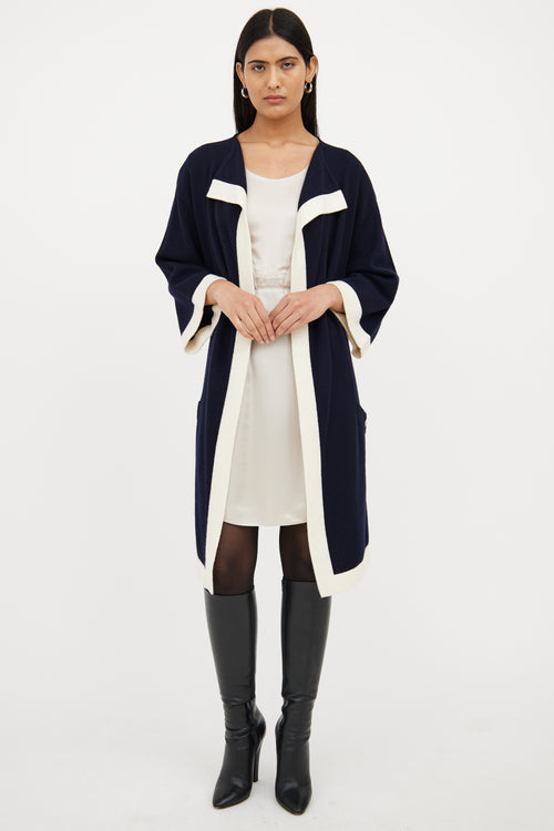 Chanel Navy & White Cashmere Open Front Cardigan