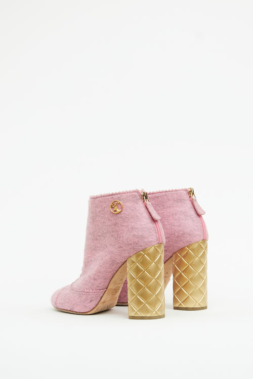 Chanel Pink & Gold Felt Quilted Heel Booties