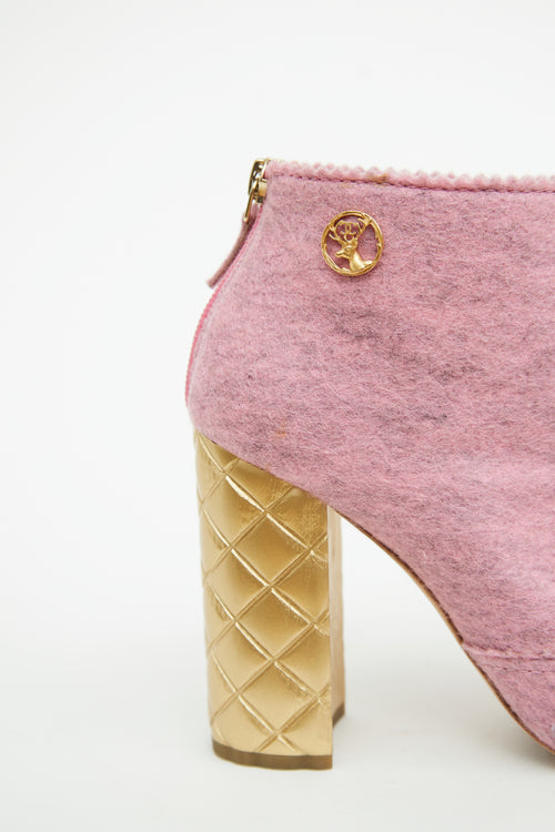 Chanel Pink & Gold Felt Quilted Heel Booties