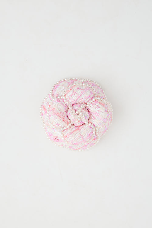 Chanel Tweed Pearl Camellia Brooch