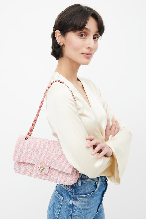 Chanel 2020 Pink & Grey Tweed Double Flap Shoulder Bag