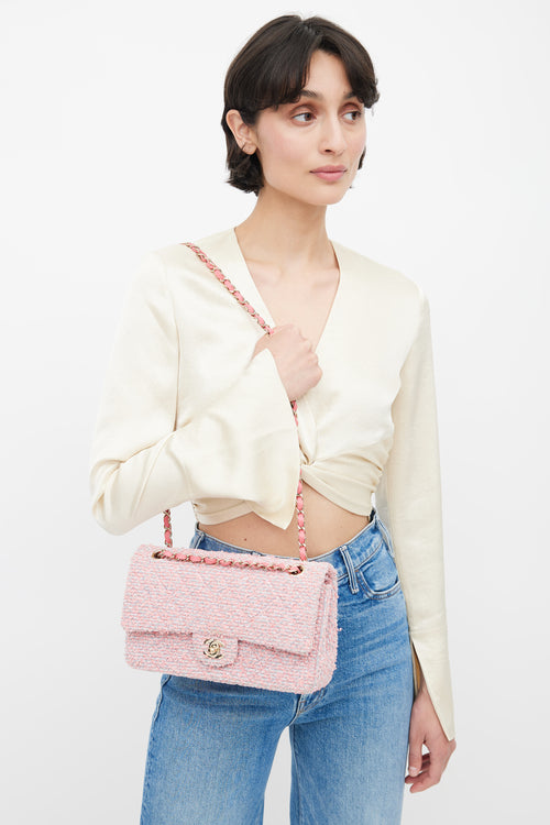 Chanel 2020 Pink & Grey Tweed Double Flap Shoulder Bag