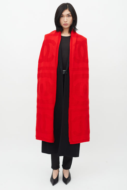 Chanel Red Wool Knit Logo Scarf