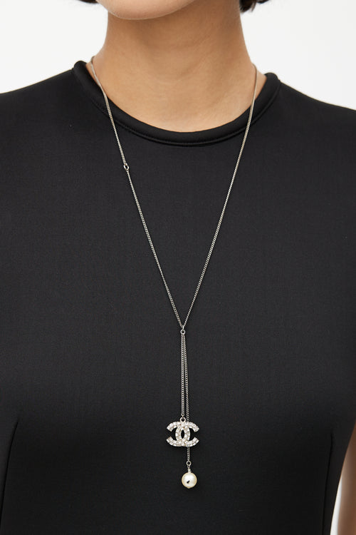 Chanel Silver CC & Pearl Charm Necklace