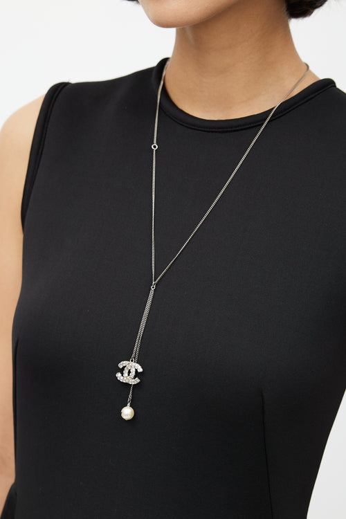 Chanel Silver CC & Pearl Charm Necklace