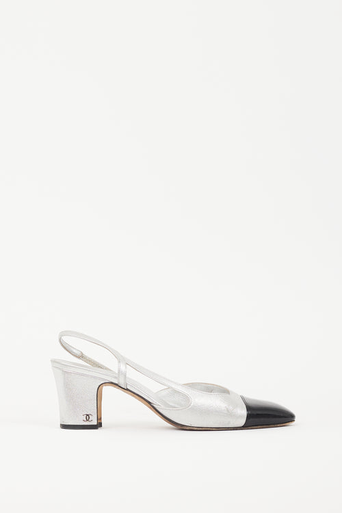 Chanel Silver Leather & Black CC Slingback Pump