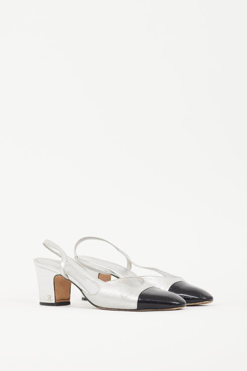 Chanel Silver Leather & Black CC Slingback Pump