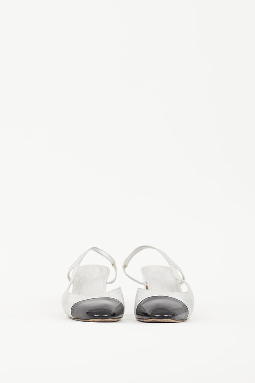 Chanel Silver Leather & Black CC Slingback Pump