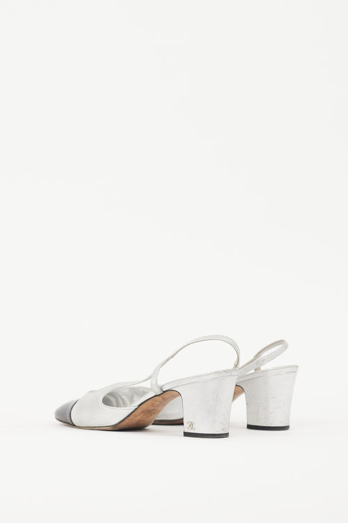 Chanel Silver Leather & Black CC Slingback Pump