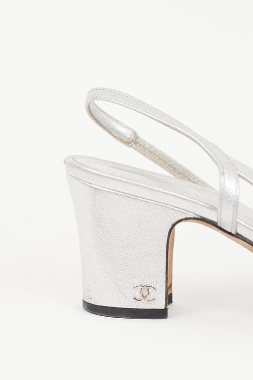 Chanel Silver Leather & Black CC Slingback Pump