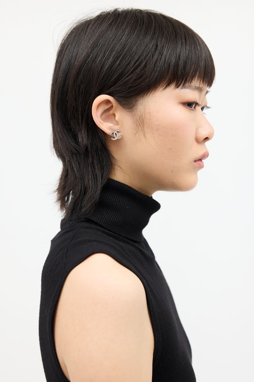 Chanel Silver Metal & Crystal CC Stud Earrings