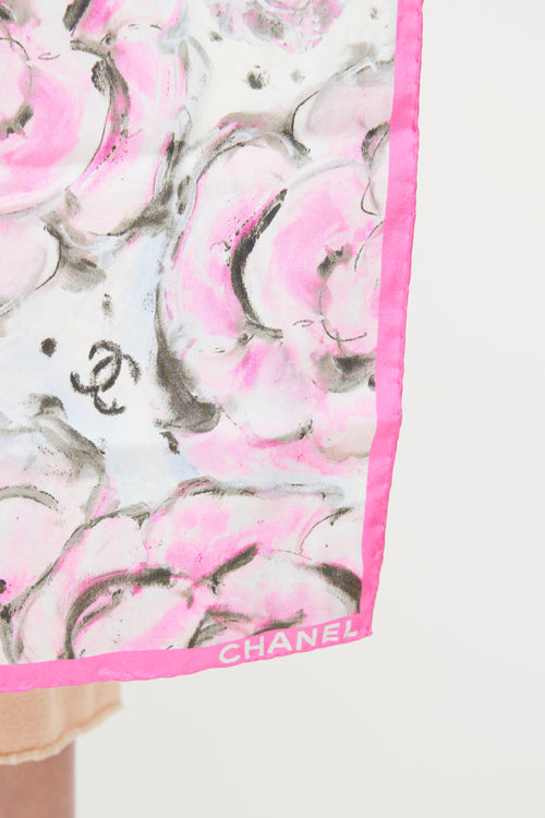 Chanel Pink & Multi Camellia Printed Scarf
