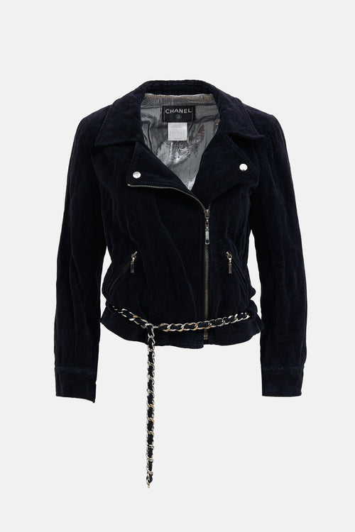 Chanel 06A Navy Velvet Moto Jacket