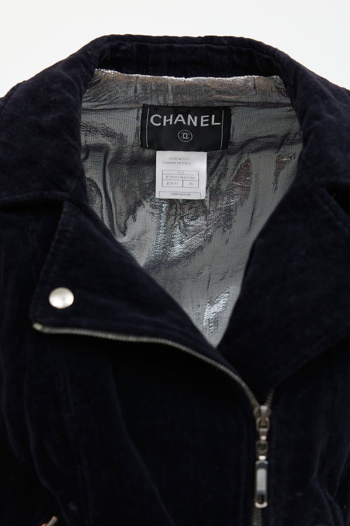 Chanel 06A Navy Velvet Moto Jacket