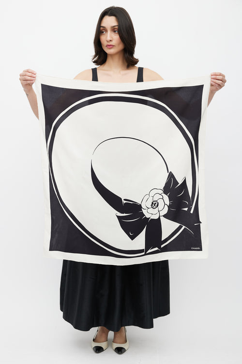 Chanel White & Black Flower Print Scarf