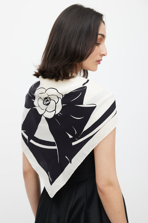 Chanel White & Black Flower Print Scarf