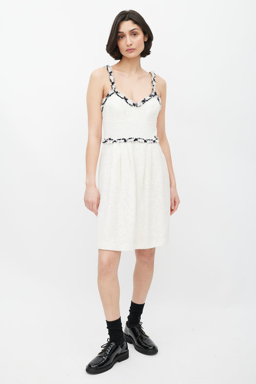 Chanel White & Black Fringed Trim Tweed Dress