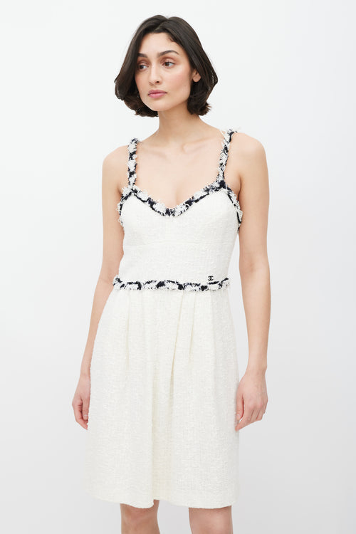 Chanel White & Black Fringed Trim Tweed Dress