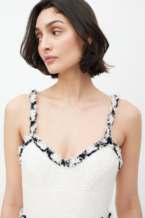 Chanel White & Black Fringed Trim Tweed Dress