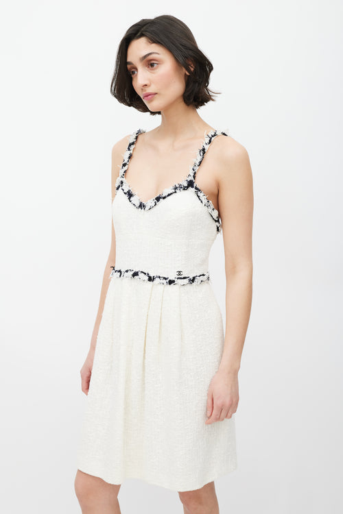 Chanel White & Black Fringed Trim Tweed Dress