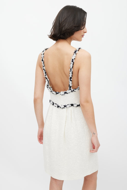Chanel White & Black Fringed Trim Tweed Dress