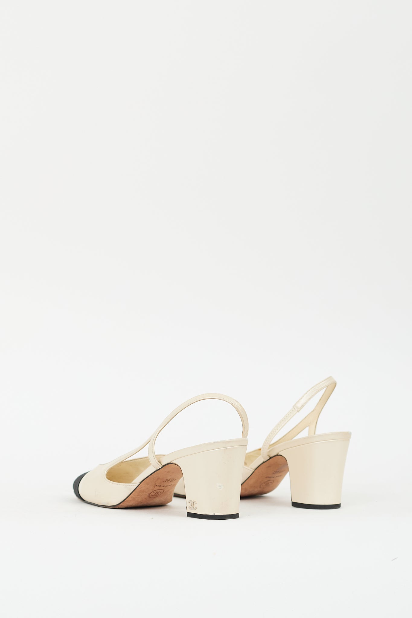 Chanel Cream Leather & Black CC Slingback Pump