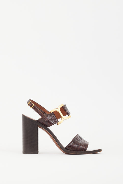 Chloé Brown Embossed Leather & Gold Buckle Sandal