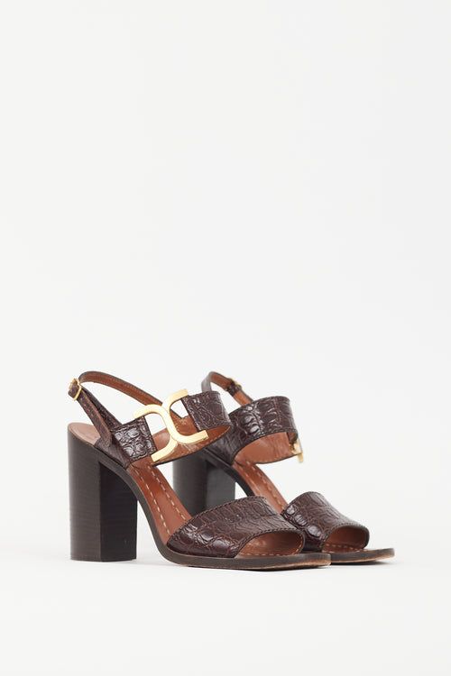 Chloé Brown Embossed Leather & Gold Buckle Sandal