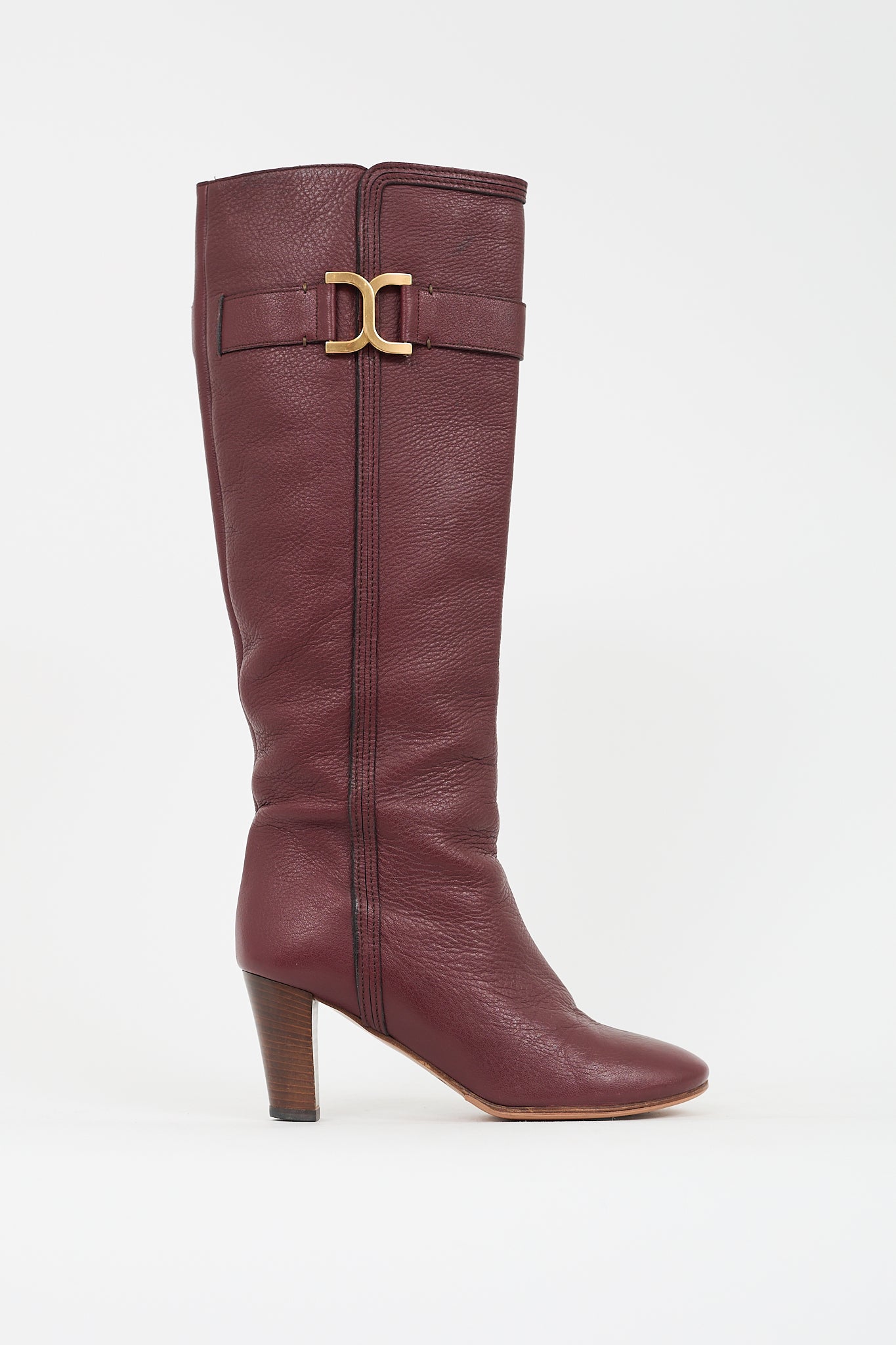 Chloé Burgundy Pebbled Leather Knee High Boot