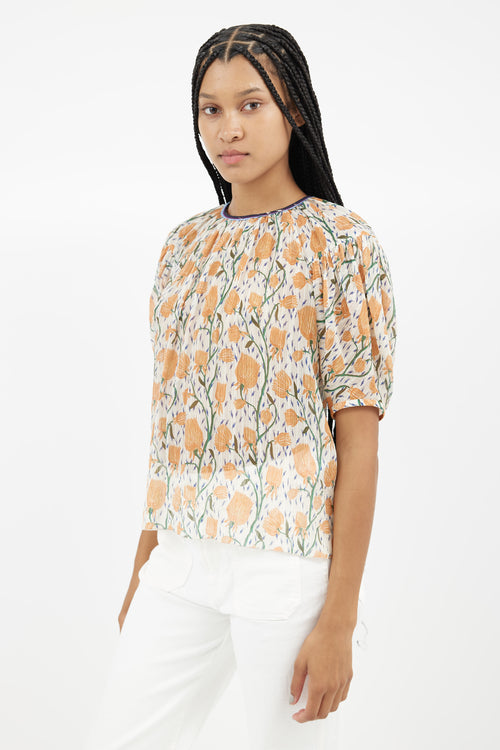 Chloé Cream & Orange Floral Sheer Blouse