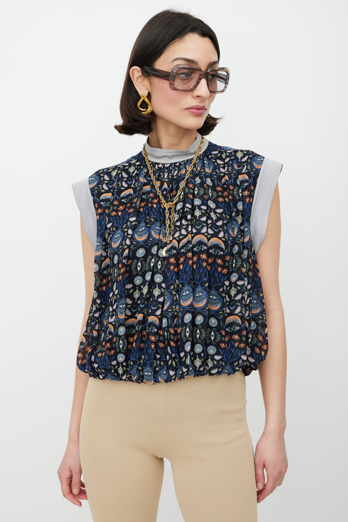 Chloé Navy & Multicolour Floral Pleated Top