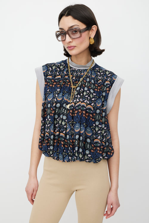 Chloé Navy & Multicolour Floral Pleated Top