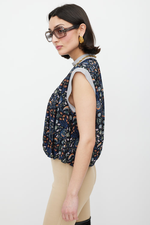 Chloé Navy & Multicolour Floral Pleated Top