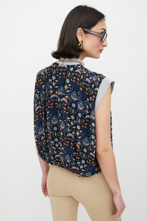 Chloé Navy & Multicolour Floral Pleated Top