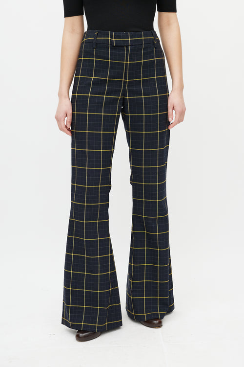 Chloé Navy & Yellow Plaid Flare Trouser