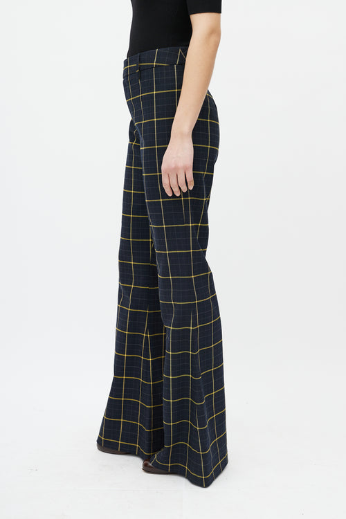 Chloé Navy & Yellow Plaid Flare Trouser