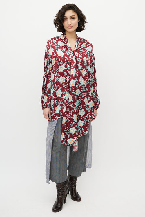 Chloé Red & Blue Floral Silk Tie Shirt