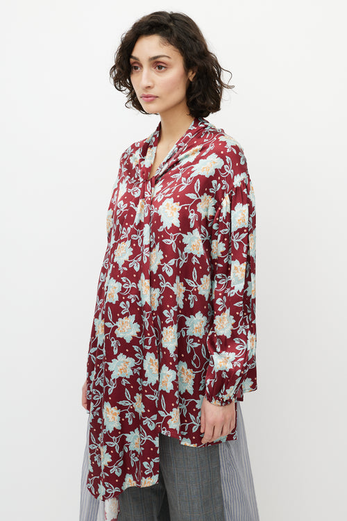 Chloé Red & Blue Floral Silk Tie Shirt