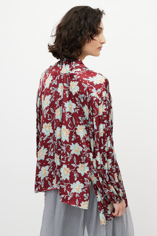 Chloé Red & Blue Floral Silk Tie Shirt