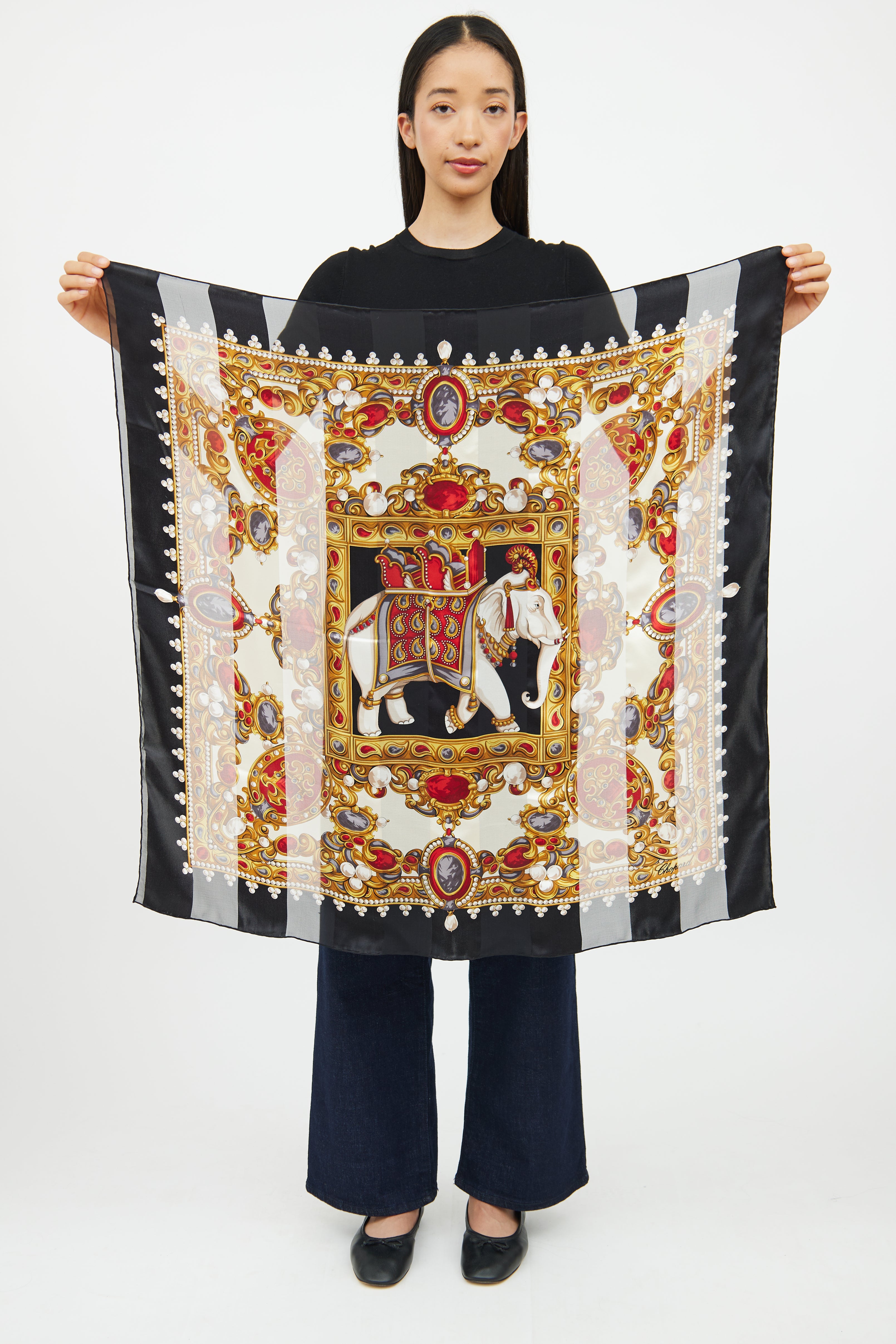 Chopard Black Gold Red Print Scarf