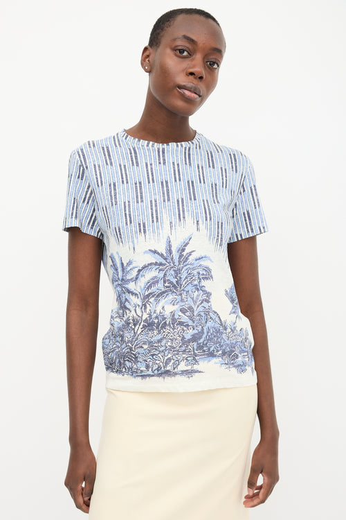 Christian Dior White & Blue Striped Palm Tree T-Shirt