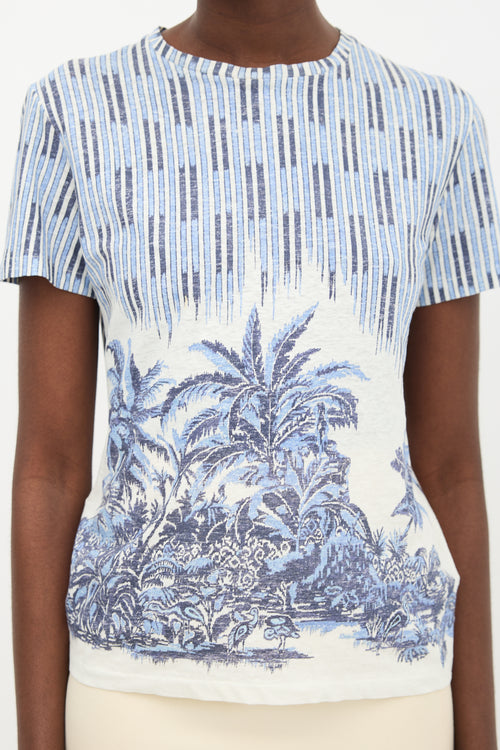 Christian Dior White & Blue Striped Palm Tree T-Shirt