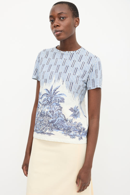 Christian Dior White & Blue Striped Palm Tree T-Shirt