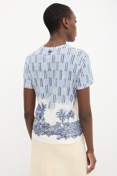 Christian Dior White & Blue Striped Palm Tree T-Shirt