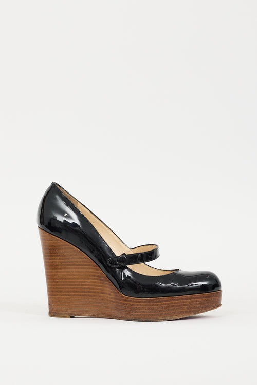 Christian Louboutin Black & Brown Patent Leather & Wood Wallis Wedge