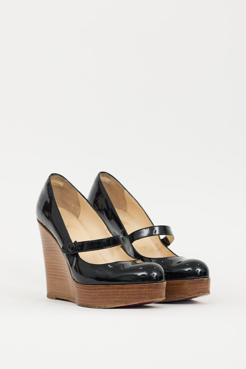 Christian Louboutin Black & Brown Patent Leather & Wood Wallis Wedge