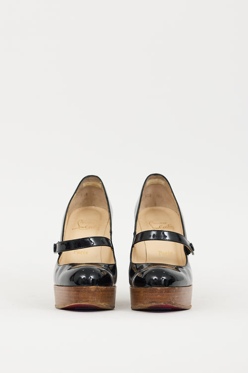 Christian Louboutin Black & Brown Patent Leather & Wood Wallis Wedge
