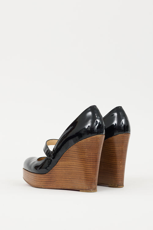 Christian Louboutin Black & Brown Patent Leather & Wood Wallis Wedge