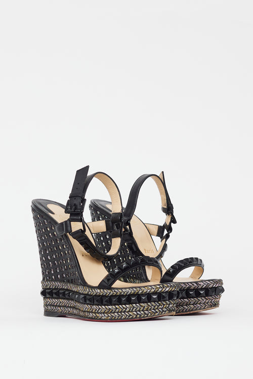 Christian Louboutin Black & Gold Cataclou Studded Metallic Wedge Sandal