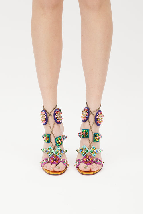 Christian Louboutin Orange & Multicolour Kaleikita Metallic Studded Sandal